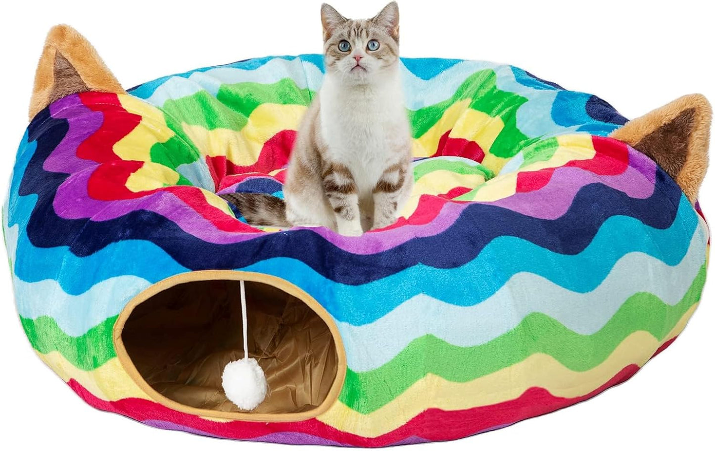 LUCKITTY Large Cat Tunnel Bed with Plush Cover,Fluffy Toy Balls, Small Cushion and Flexible Design- 10 Inch Diameter, 3 Ft Length- Great for Cats, and Small Dogs, Gray Geometric Figure