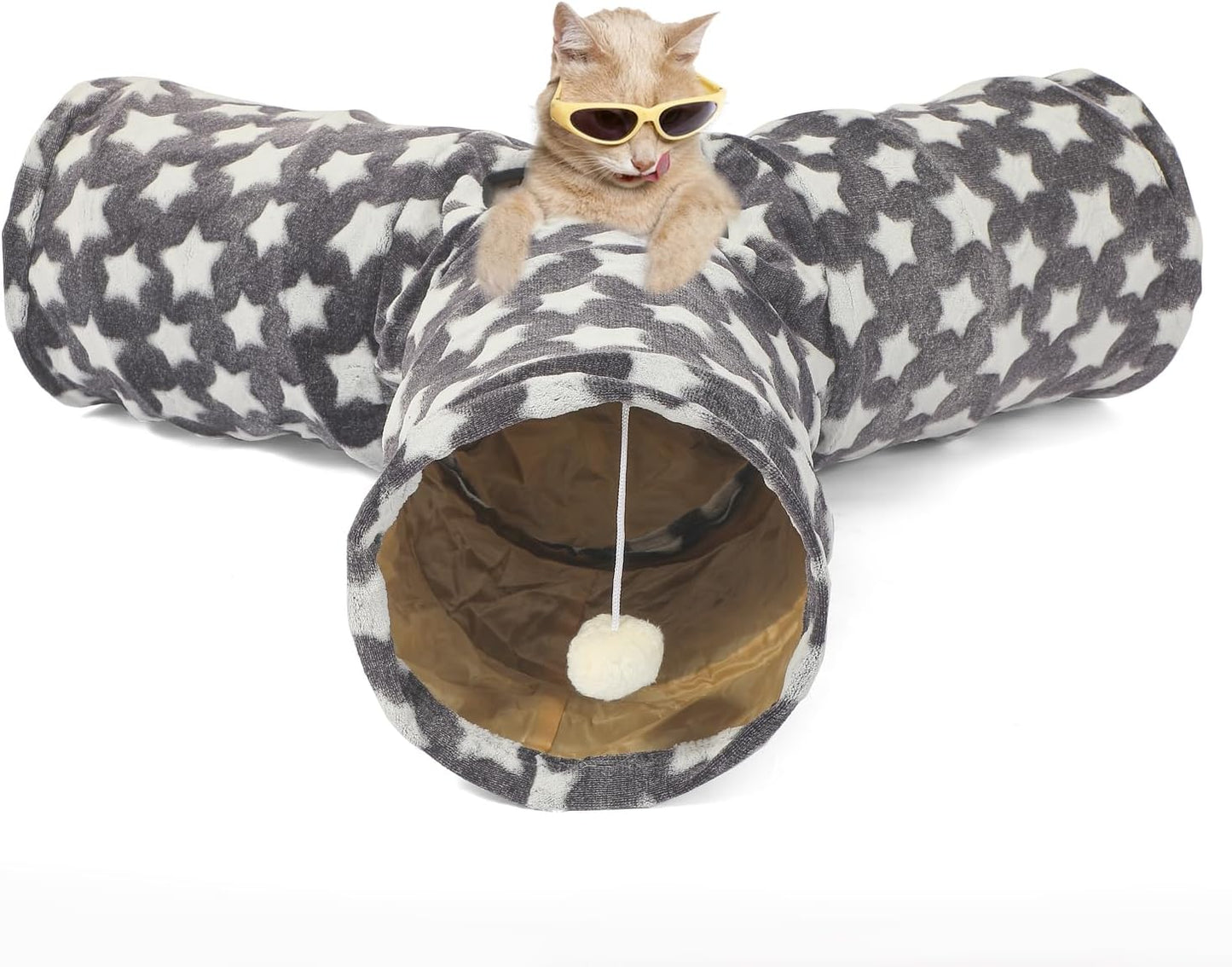 LUCKITTY Large Cat Tunnel Bed with Plush Cover,Fluffy Toy Balls, Small Cushion and Flexible Design- 10 Inch Diameter, 3 Ft Length- Great for Cats, and Small Dogs, Gray Geometric Figure