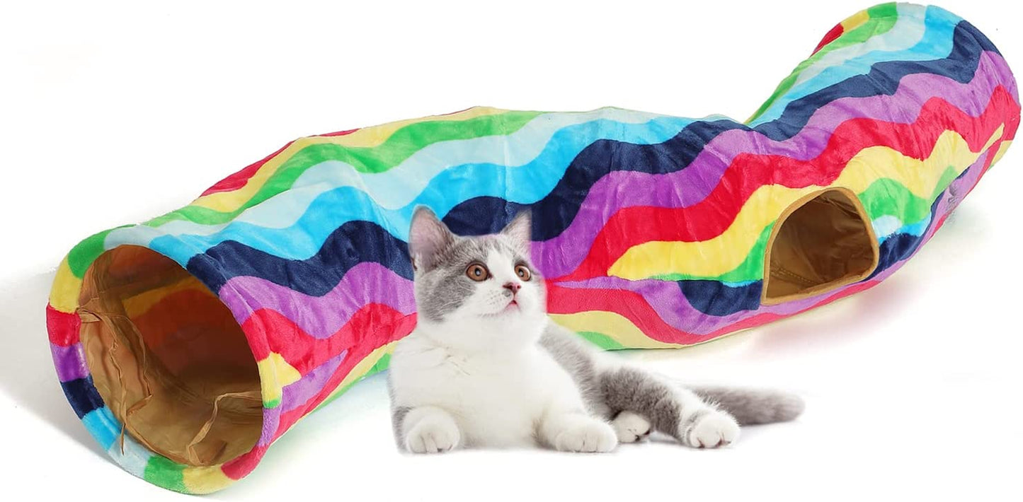LUCKITTY Large Cat Tunnel Bed with Plush Cover,Fluffy Toy Balls, Small Cushion and Flexible Design- 10 Inch Diameter, 3 Ft Length- Great for Cats, and Small Dogs, Gray Geometric Figure