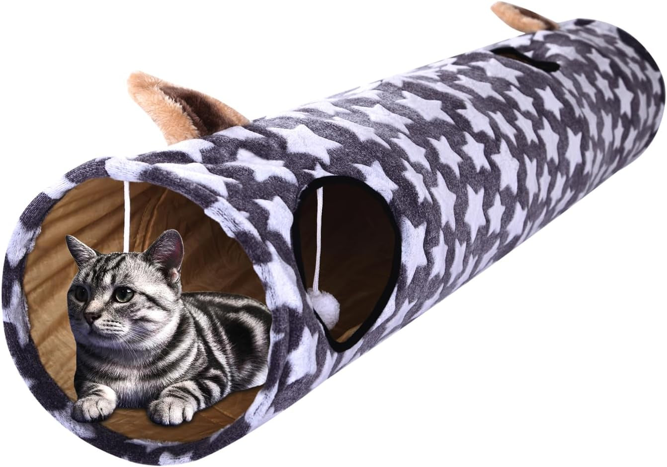 LUCKITTY Large Cat Tunnel Bed with Plush Cover,Fluffy Toy Balls, Small Cushion and Flexible Design- 10 Inch Diameter, 3 Ft Length- Great for Cats, and Small Dogs, Gray Geometric Figure