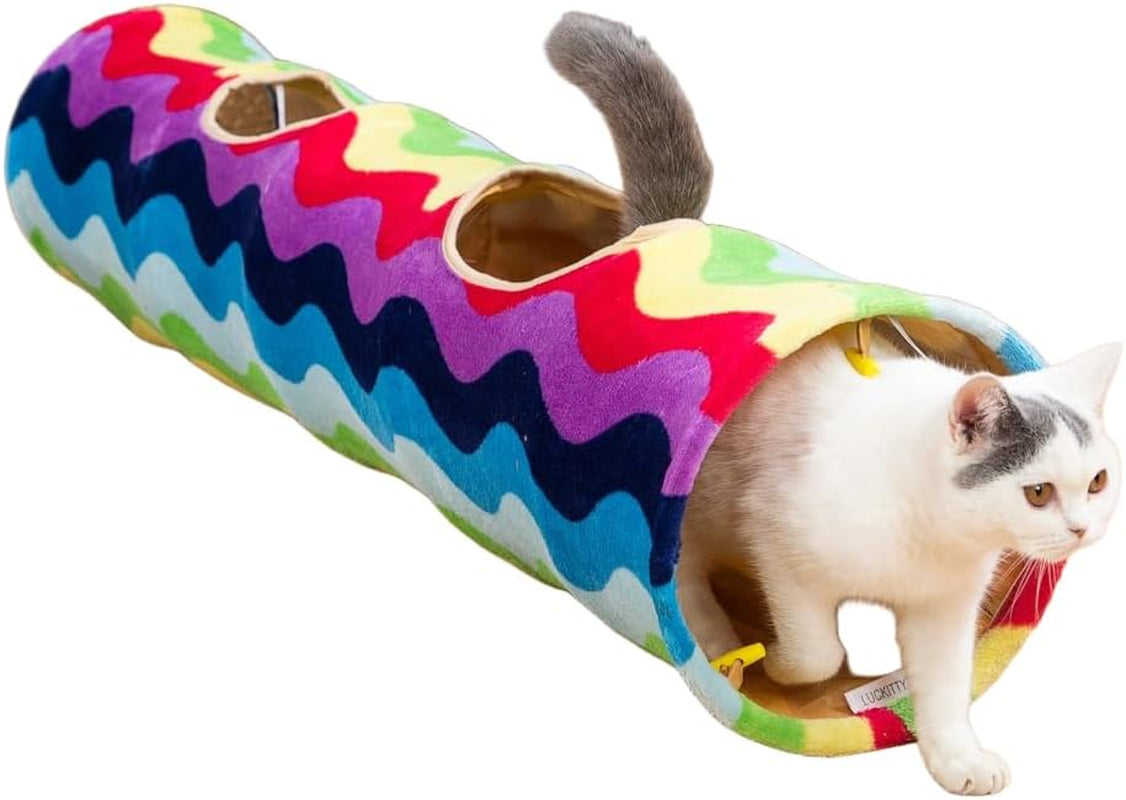 LUCKITTY Large Cat Tunnel Bed with Plush Cover,Fluffy Toy Balls, Small Cushion and Flexible Design- 10 Inch Diameter, 3 Ft Length- Great for Cats, and Small Dogs, Gray Geometric Figure