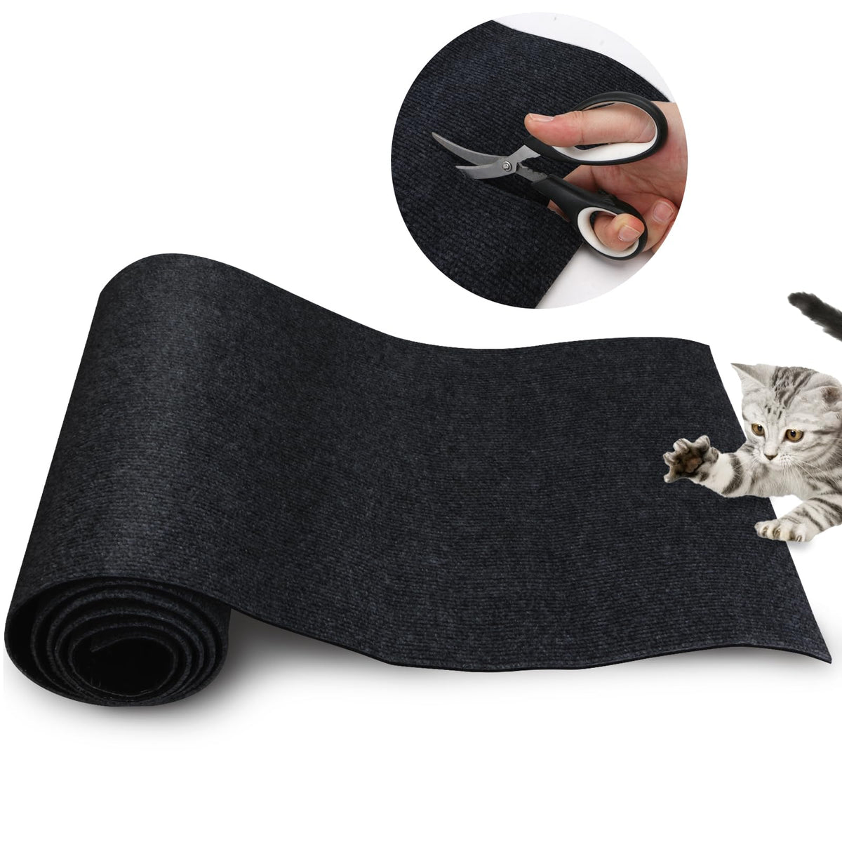 Cat Scratch Mat 120"x15.8"Cat Scratch Carpet Trimmable Self-Adhesive Cat Scratch PadDecorative Cat Tree Shelf,Cat Wall,Cat Scratching PostCat Couch Protector(Black)