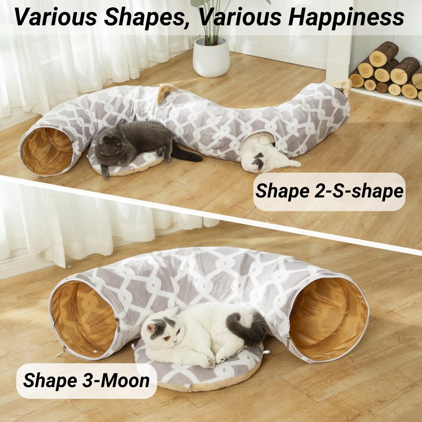 LUCKITTY Large Cat Tunnel Bed with Plush Cover,Fluffy Toy Balls, Small Cushion and Flexible Design- 10 Inch Diameter, 3 Ft Length- Great for Cats, and Small Dogs, Gray Geometric Figure