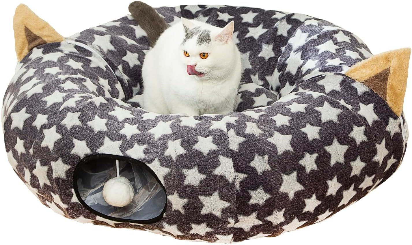 LUCKITTY Large Cat Tunnel Bed with Plush Cover,Fluffy Toy Balls, Small Cushion and Flexible Design- 10 Inch Diameter, 3 Ft Length- Great for Cats, and Small Dogs, Gray Geometric Figure