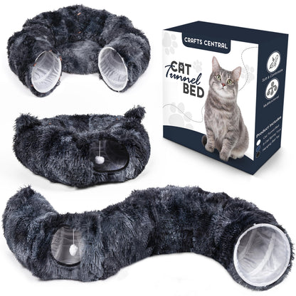 Cat Tunnel Bed with 8 Cat Spring Toys - Furry Cat Tunnel Bed Kitty Ears Design Large Cat Donut Tunnel Cat Bed for Indoor Cats Cat Tunnel Cave - Great Indoor cat Toy
