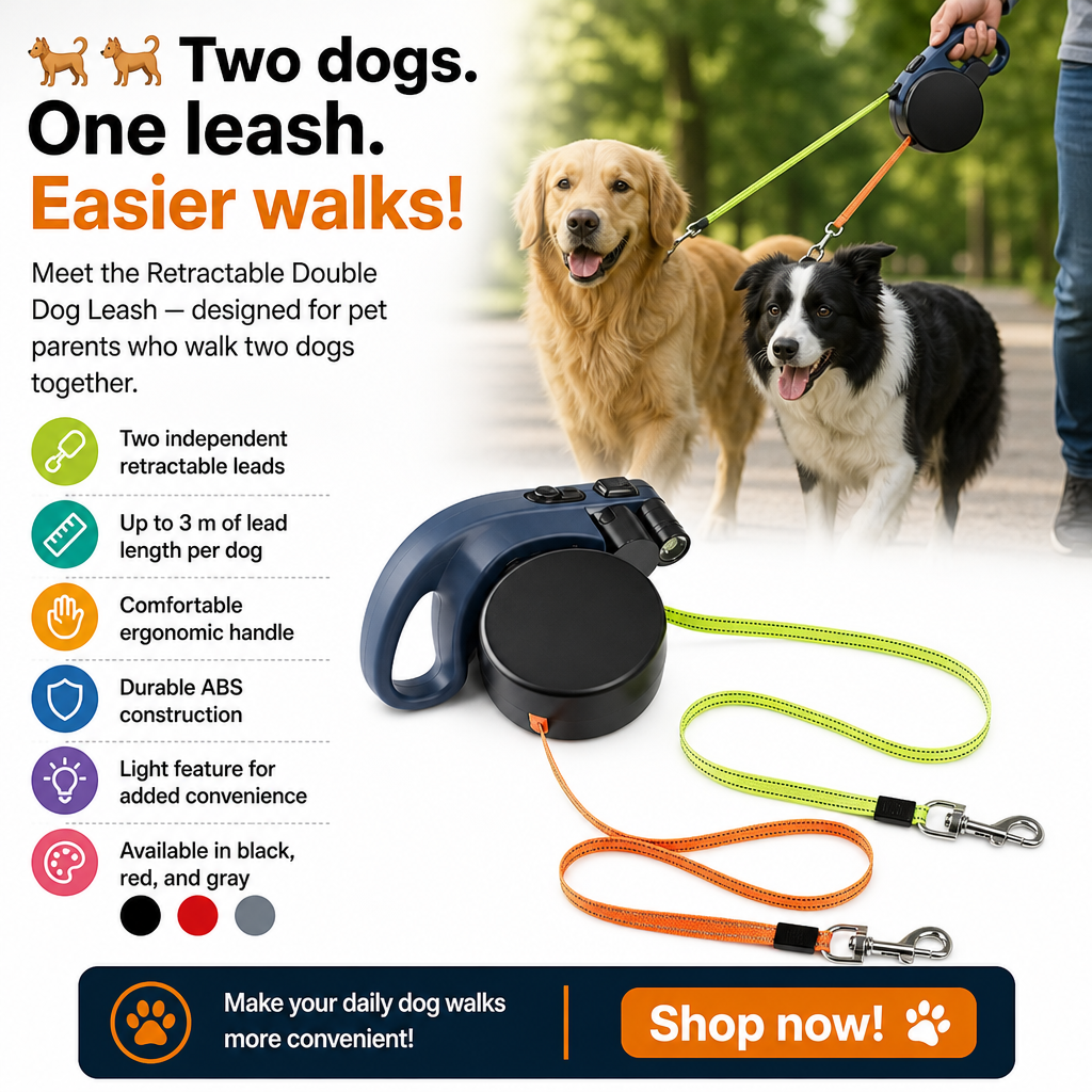 Retractable Double Dog Leash with Light